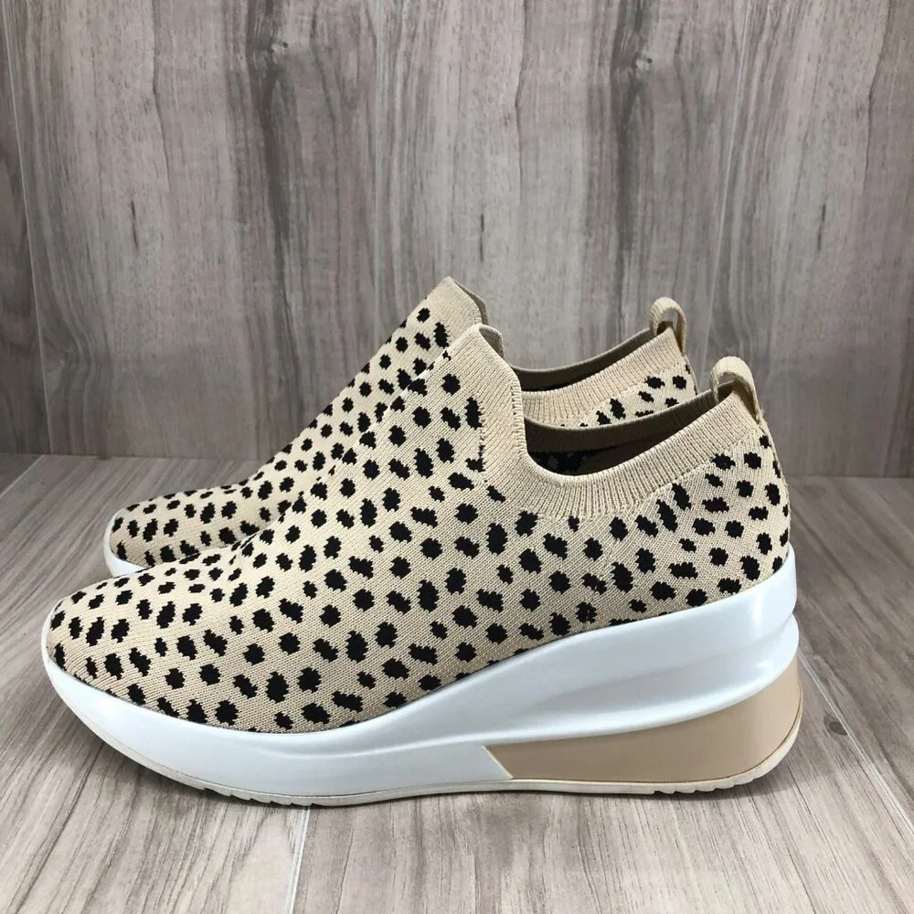 Gianni Bini Beige and Black Leopard Knit Slip-On Wedge Sneakers - Picture 2 of 11